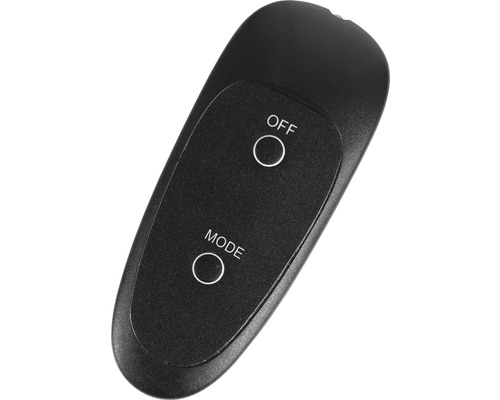 Svart fjärrkontroll med texterna ''Off'' och ''Mode''.
