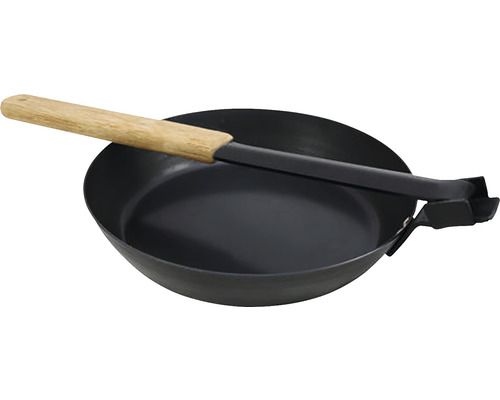 Stekjärnspanna med trähandtag och tång