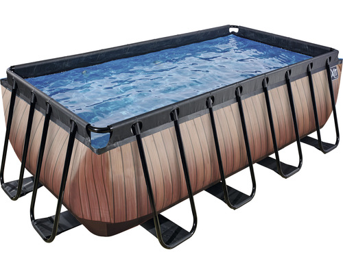 Rektangulär pool med träpanel och stålram