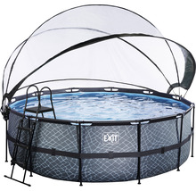 Rund ovanjordisk pool med tak och stege