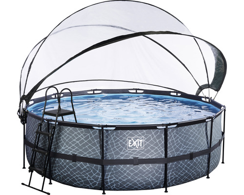 Rund ovanjordisk pool med tak och stege