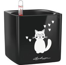 Svart blomkruka med kattmotiv och vattennivåindikator