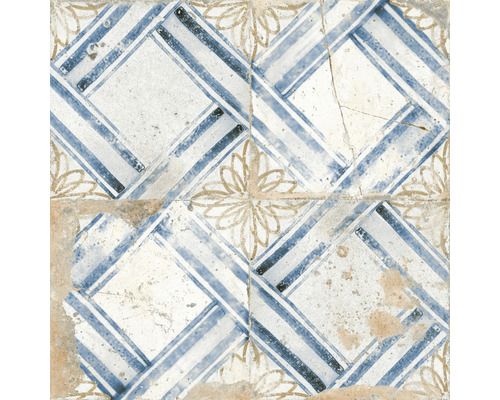 Fyrkantiga plattor med blått randmönster och blomdetaljer