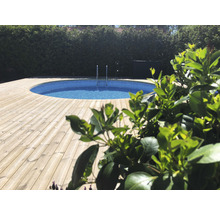 Rund pool med trädäck och stege i trädgården