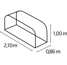 Bild av en plasttunnel med måtten 2,10 meter lång, 0,86 meter bred och 1,00 meter hög.