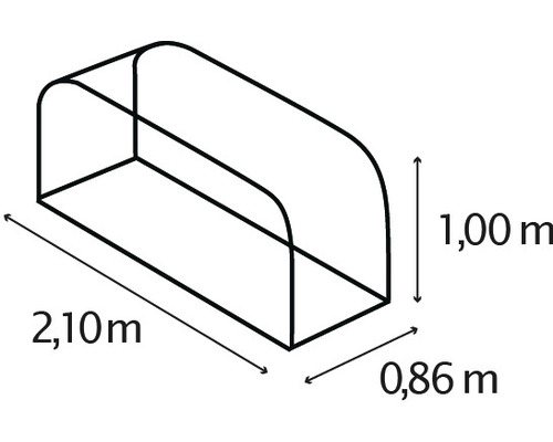 Bild av en plasttunnel med måtten 2,10 meter lång, 0,86 meter bred och 1,00 meter hög.