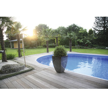 Pool i trädgård med trädäck, palm och blomlåda