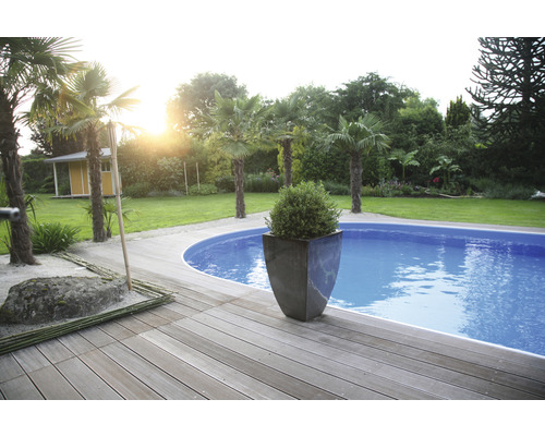 Pool i trädgård med trädäck, palm och blomlåda