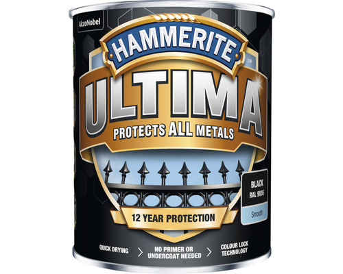 Metallfärg HAMMERITE Ultima Smooth svart 0,75L Hammerite Ultima metallskyddsfärg, svart, RAL 9005