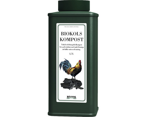 Jordförbättringsmedel RÖLUNDA Biokols Kompost 1,7L Biokolkompost i en burk med en bild av en kyckling