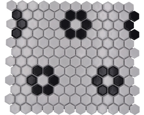 Mosaik keramik Hexagon HX 035 vit svart blank 26x30 cm Mosaikplatta med sexkantiga element och mönster