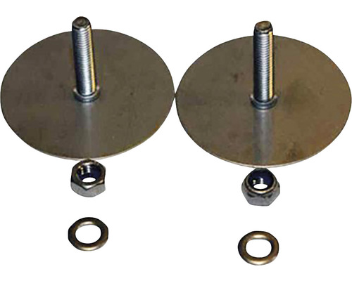 Två metallbrickor med skruv, mutter och bricka