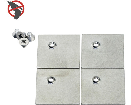 Fästset bestående av fyra plattor och skruvar, symbol för montering utan borrning