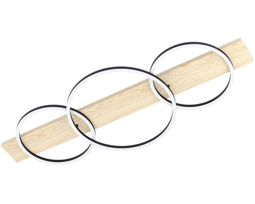 Taklampa med tre runda ljuselement på en träbräda