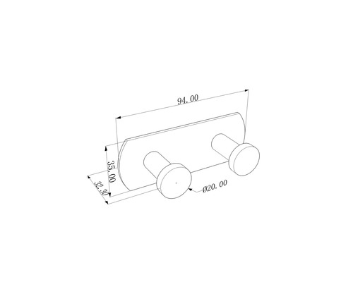 Teknisk ritning av en vägghängare med två krokar och måttangivelser