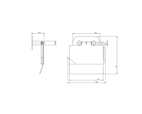 Teknisk ritning av en toalettpappershållare med mått.
