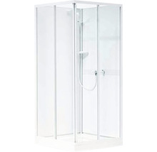 Fyrkantig duschkabin med skjutdörrar och duschpelare