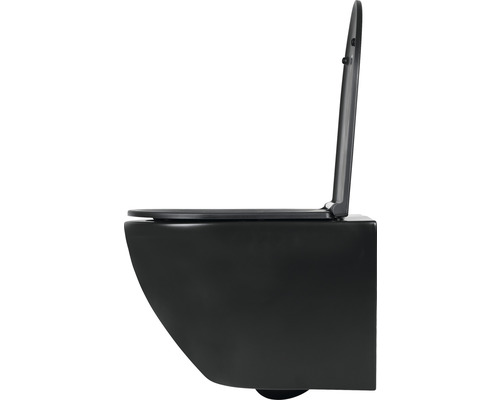 Vägghängd toalett med öppen spolkant och toalettsits