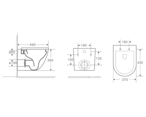 Teknisk ritning av en vägghängd toalett med mått
