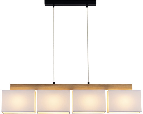 Pendellampa med fyra lampskärmar och träbalk