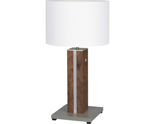 Bordslampa med träfot och vit lampskärm