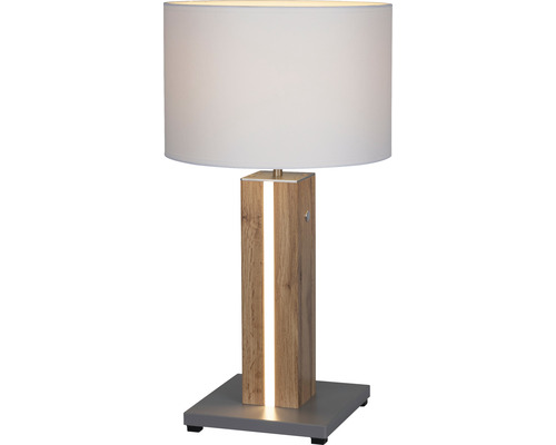 Bordslampa med träutseende och tygskärm för inomhusbruk