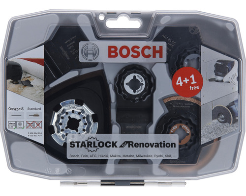 Bosch Starlock renoveringsset med olika sågblad och slipskivor i transparent förpackning