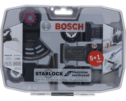 Bosch Starlock Elektriker och Gips Set med olika sågblad i en transparent plastförpackning