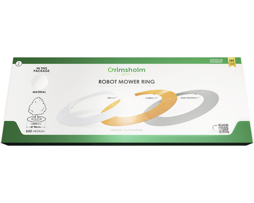 Grimsholm Green Robotgräsklipparring förpackning med ringvarianter av zink, corten och mörk grafit