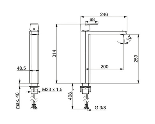 Måttritning av en armatur med höjdangivelser