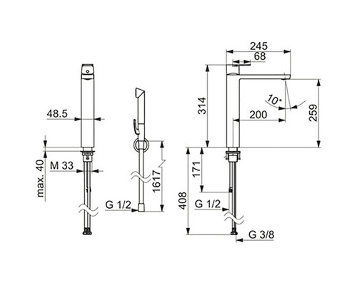 Måttritning för en badrumsarmatur med handdusch och tillhörande mått