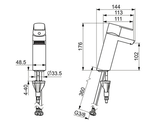 Ritning av en armatur med måttangivelser