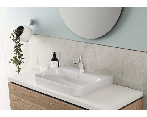 Tvättställ med tvättställsskål, armatur, spegel och dekoration i badrummet