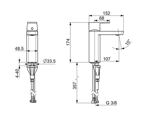 Teknisk ritning av en armatur med måttangivelser