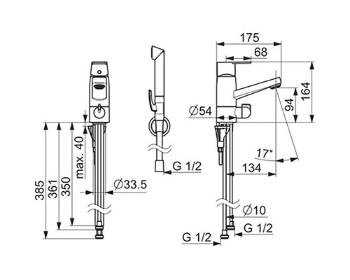 Teknisk ritning av en tvättställsblandare med duschslang och mått