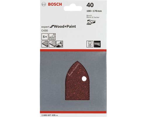 Bosch Expert slippapper Wood and Paint C430, korn 40, 5 stycken, storlek 100x170 millimeter