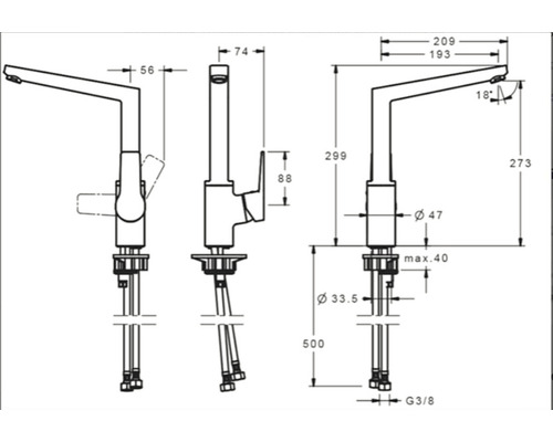 Teknisk ritning av en armatur med mått.