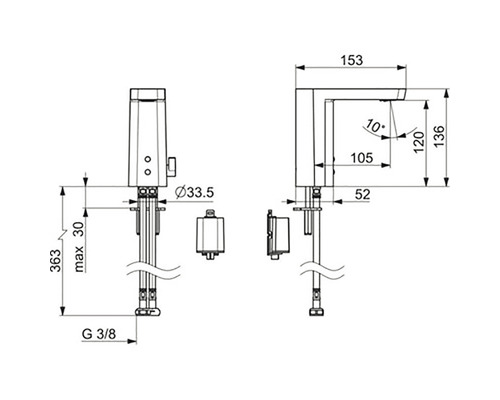 Teknisk ritning av en vattenkran med måttangivelser
