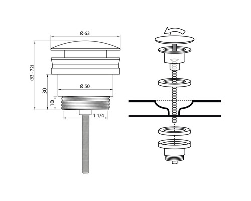 Teknisk ritning av en avloppsventil med mått.