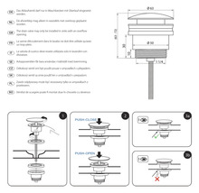 Teknisk ritning av en avloppsventil med mått och installationsanvisningar