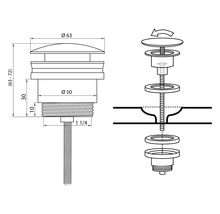 Ritning av en avloppsventil med tillhörande mått