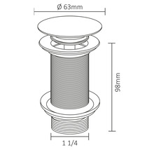 Ritning av en avloppsventil med måtten 63 mm diameter och 98 mm höjd