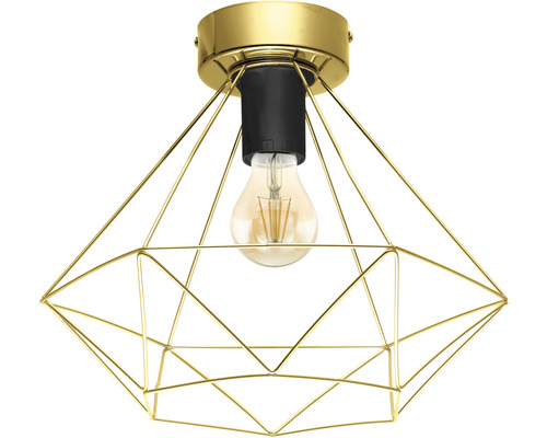 Taklampa med geometrisk, gyllene trådram och glödlampa