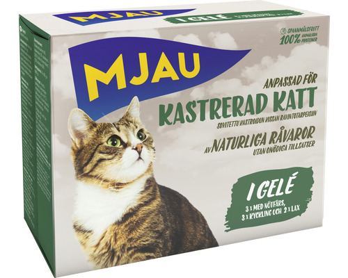 Kattmat MJAU Multibox för kastrerad katt i gelé 680g Miau kattmat för kastrerade katter, med nöt, kyckling och lax