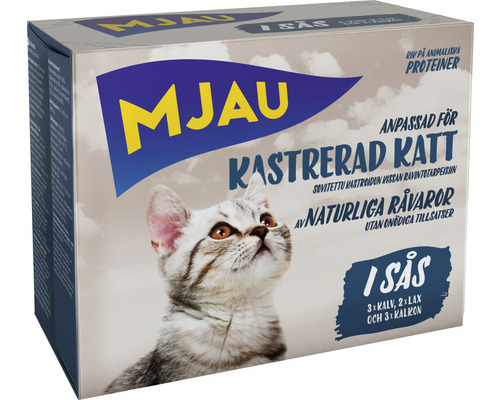 Kattmat MJAU Multibox för kastrerad katt i sås 680g Miau kattmat för kastrerade katter, olika smaker i sås, i kartong