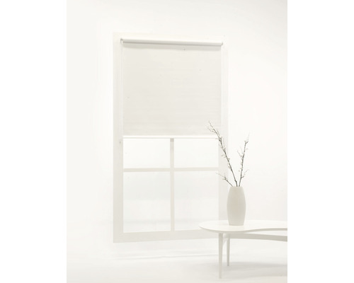 Fönster med rullgardin och dekoration på ett bord