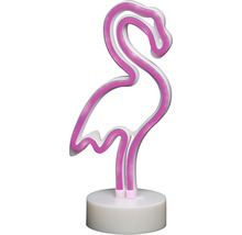 Neonlampa i form av en flamingo på en sockel