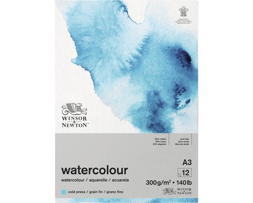 Winsor & Newton akvarellpapper A3, 12 ark, 300 g/m², syrafritt, 25% bomull, kallpressat