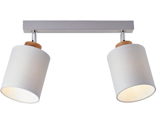 Taklampa med två spotlights i textil och trä