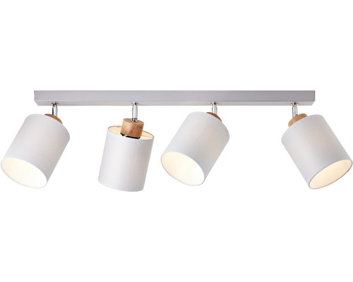 Taklampa med fyra spotlights, trädetaljer och tygskärmar